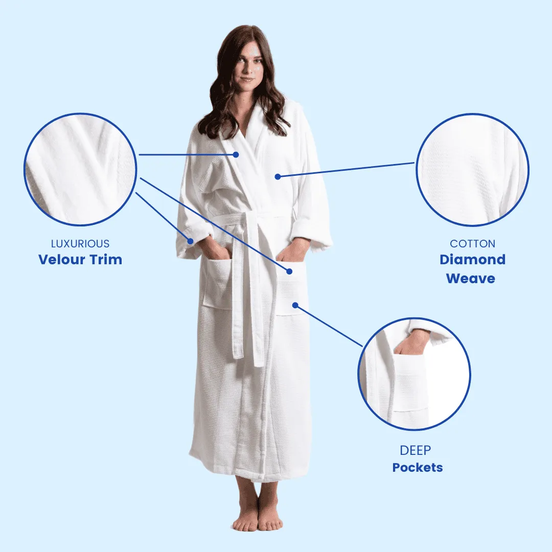 Women's Waffle Long Bathrobe, Velour Cotton Turkish Shawl Robe, Softness & Fast Dry (White)