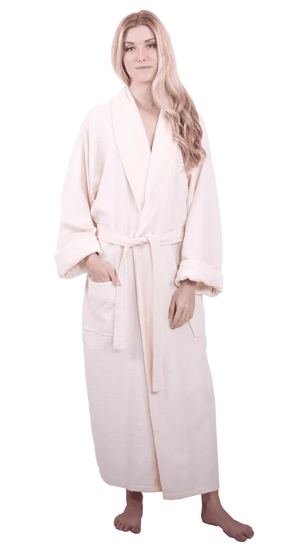 Women's Waffle Long Bathrobe, Velour Cotton Turkish Shawl Robe, Softness & Fast Dry (White)