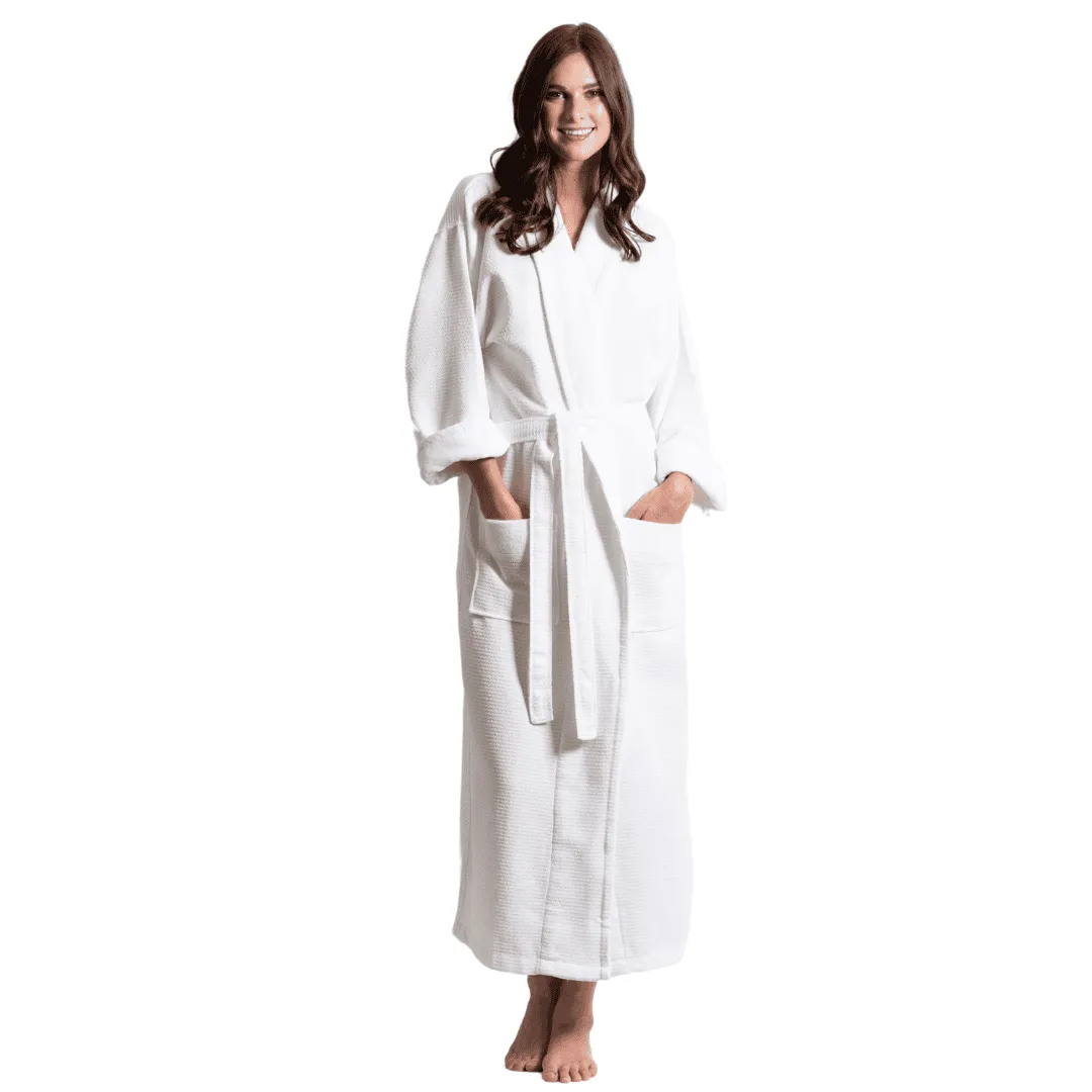 Women's Waffle Long Bathrobe, Velour Cotton Turkish Shawl Robe, Softness & Fast Dry (White)